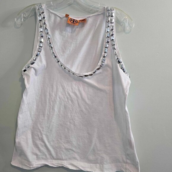Tory Burch White Scoop Neck Tank Top with Embellished Silver Gems - Picture 2 of 10